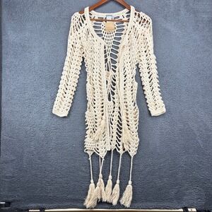 Earthbound Trading Co Crochet Open Front‎ Cardigan Tassel Trim S/M